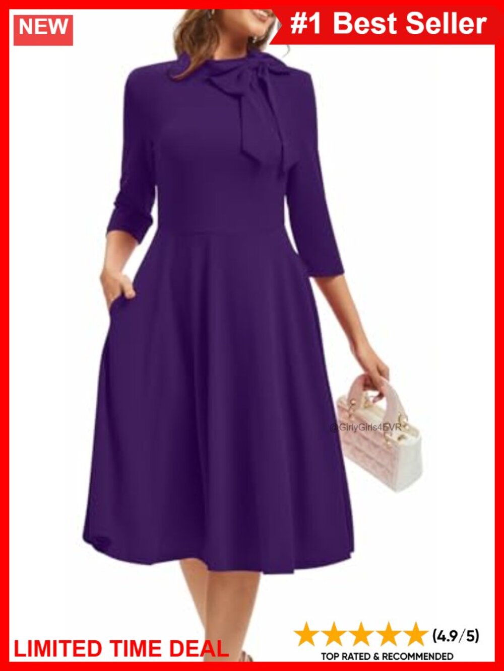 Elegant A-Line Cocktail Dress High Neck Bow 3/4 Sleeve Pockets Formal Party